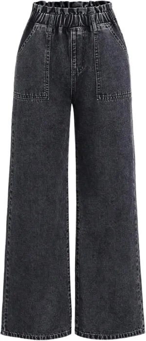 SweatyRocks Girl's Wide Leg Denim Pants Elastic High Waisted Loose Jeans with Pocket