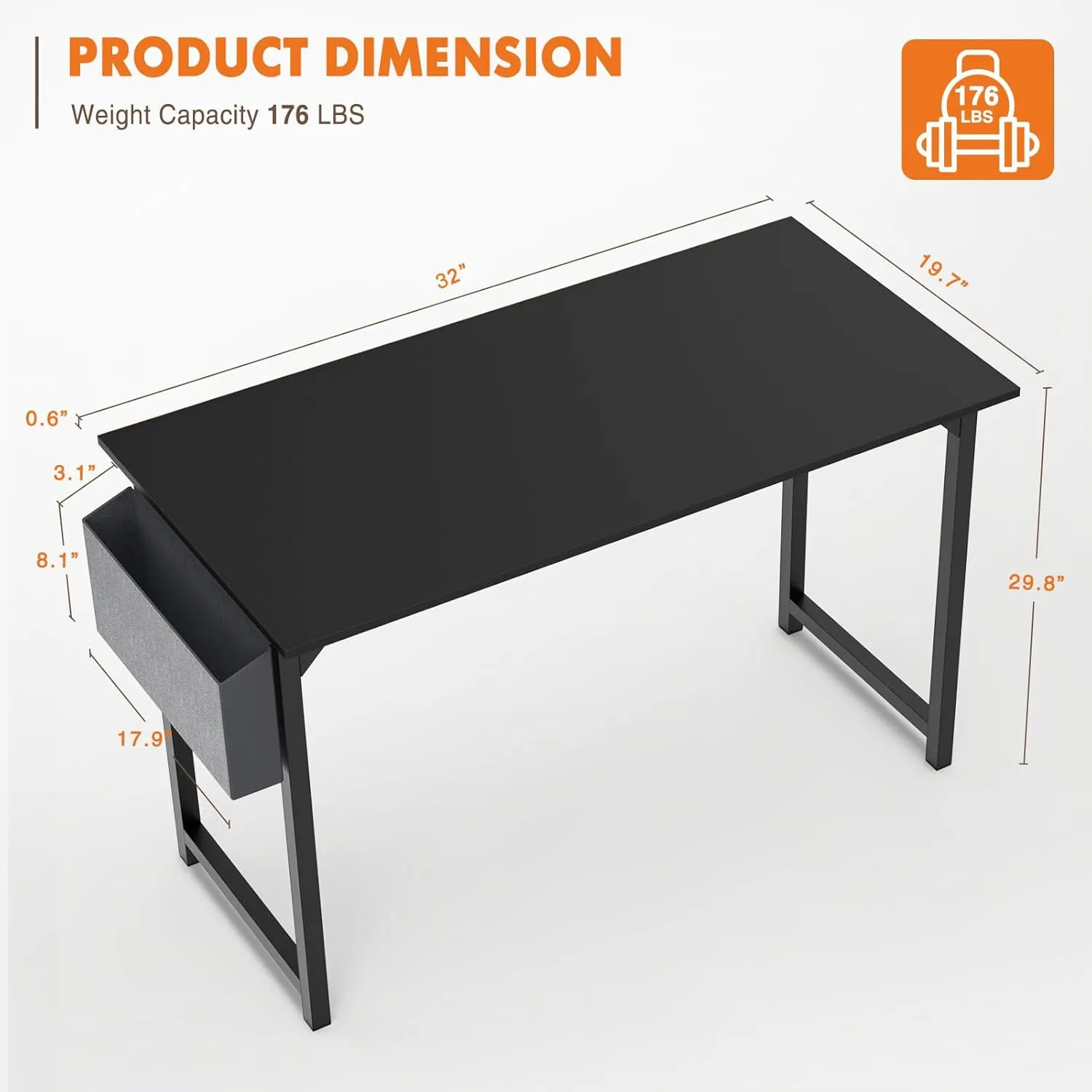 Sweetcrispy Computer Small Office Desk 32 Inch Kids Student Study Writing Work with Storage Bag & Headphone Hooks Modern Simple Home Bedroom Table - Basic Black