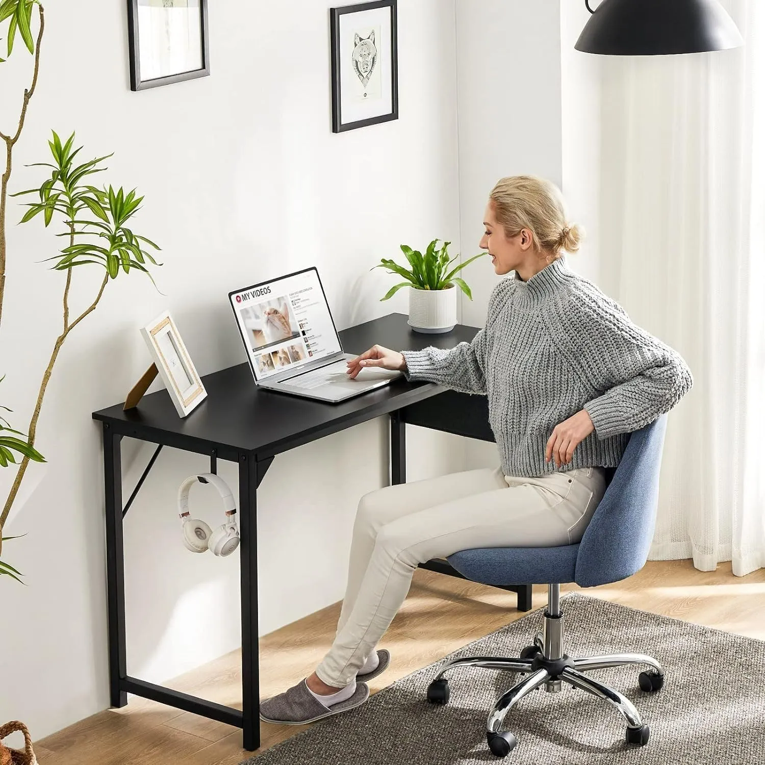 Sweetcrispy Computer Small Office Desk 32 Inch Kids Student Study Writing Work with Storage Bag & Headphone Hooks Modern Simple Home Bedroom Table - Basic Black