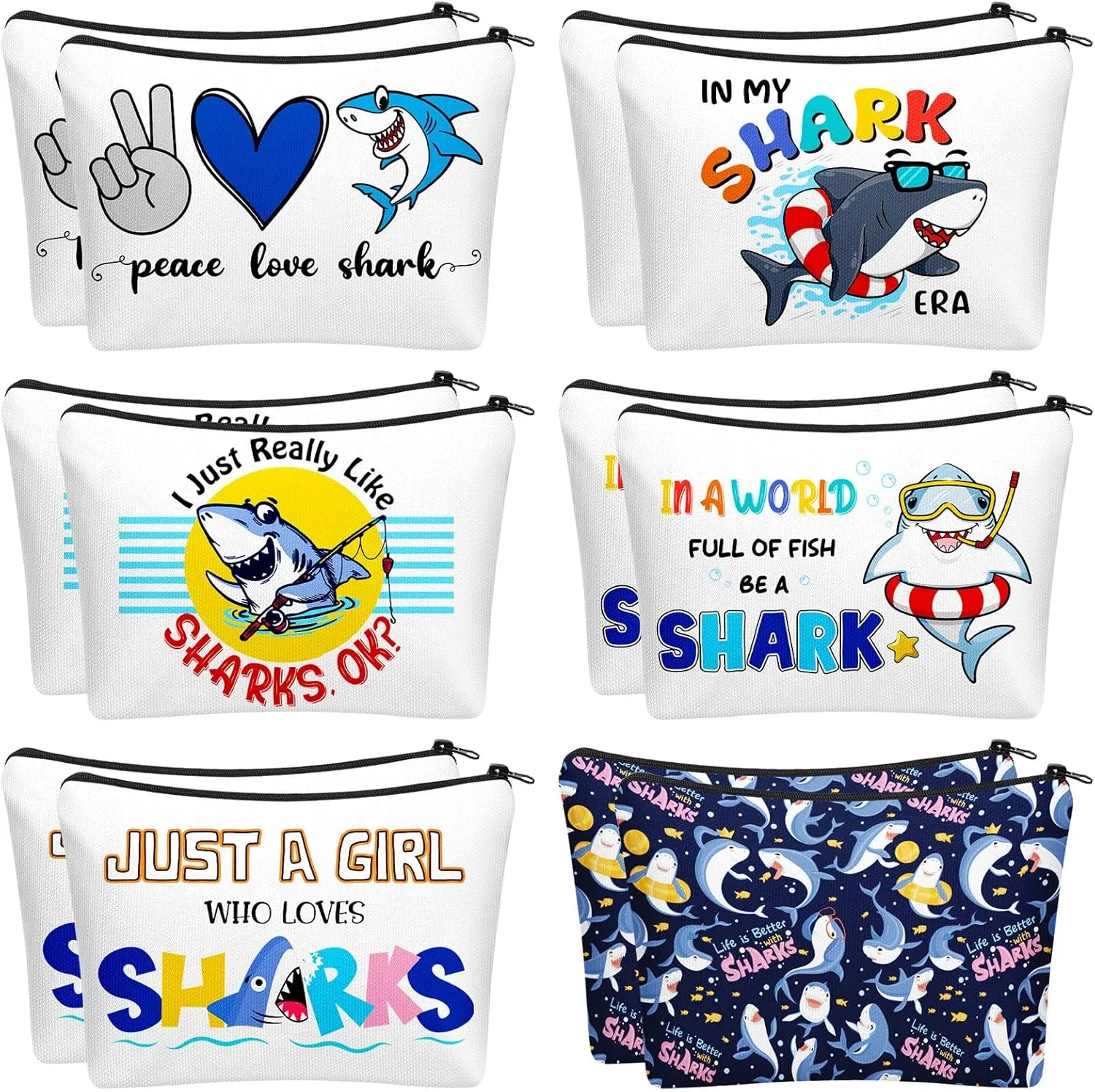 Sweetude 12 Pcs Funny Shark Gifts for Women Makeup Bag Cute Sharks Themed Cosmetic Bags Portable Travel Toiletry Pouch with Zipper Shark Week Gifts Accessorie for Women Girls Ocean Lover