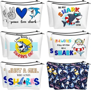 Sweetude 12 Pcs Funny Shark Gifts for Women Makeup Bag Cute Sharks Themed Cosmetic Bags Portable Travel Toiletry Pouch with Zipper Shark Week Gifts Accessorie for Women Girls Ocean Lover
