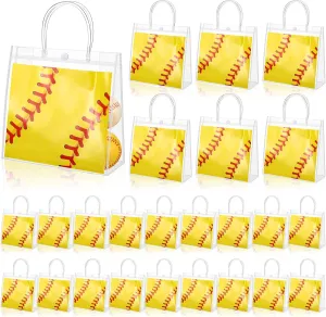 Sweetude 24 Pieces Softball Gift Goodie Bags with Handles 8x8x3.15 Inch PVC Softball Theme Party Favor Clear Treat Bags Bulk for Sports Party Competition Team Birthday Gifts