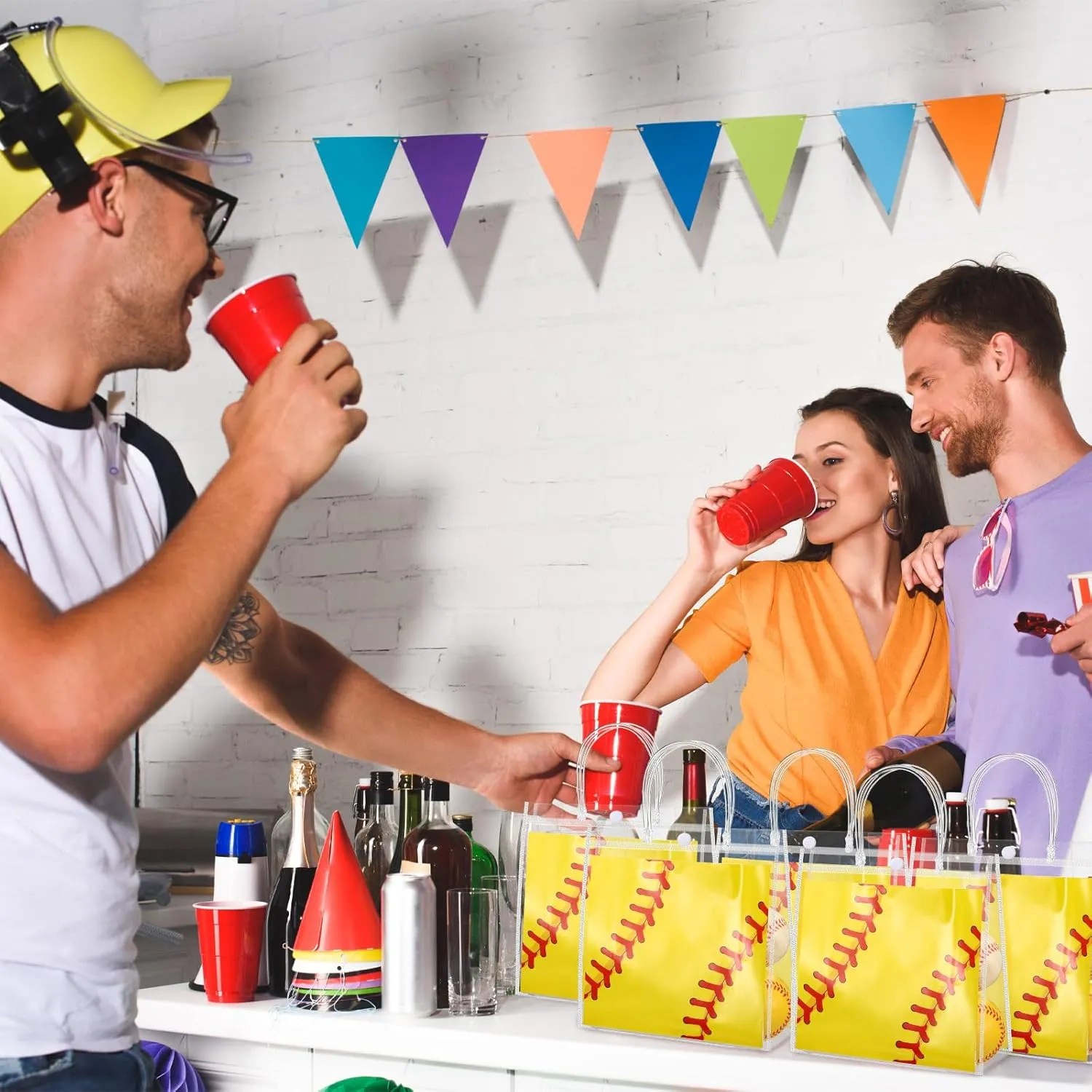 Sweetude 24 Pieces Softball Gift Goodie Bags with Handles 8x8x3.15 Inch PVC Softball Theme Party Favor Clear Treat Bags Bulk for Sports Party Competition Team Birthday Gifts