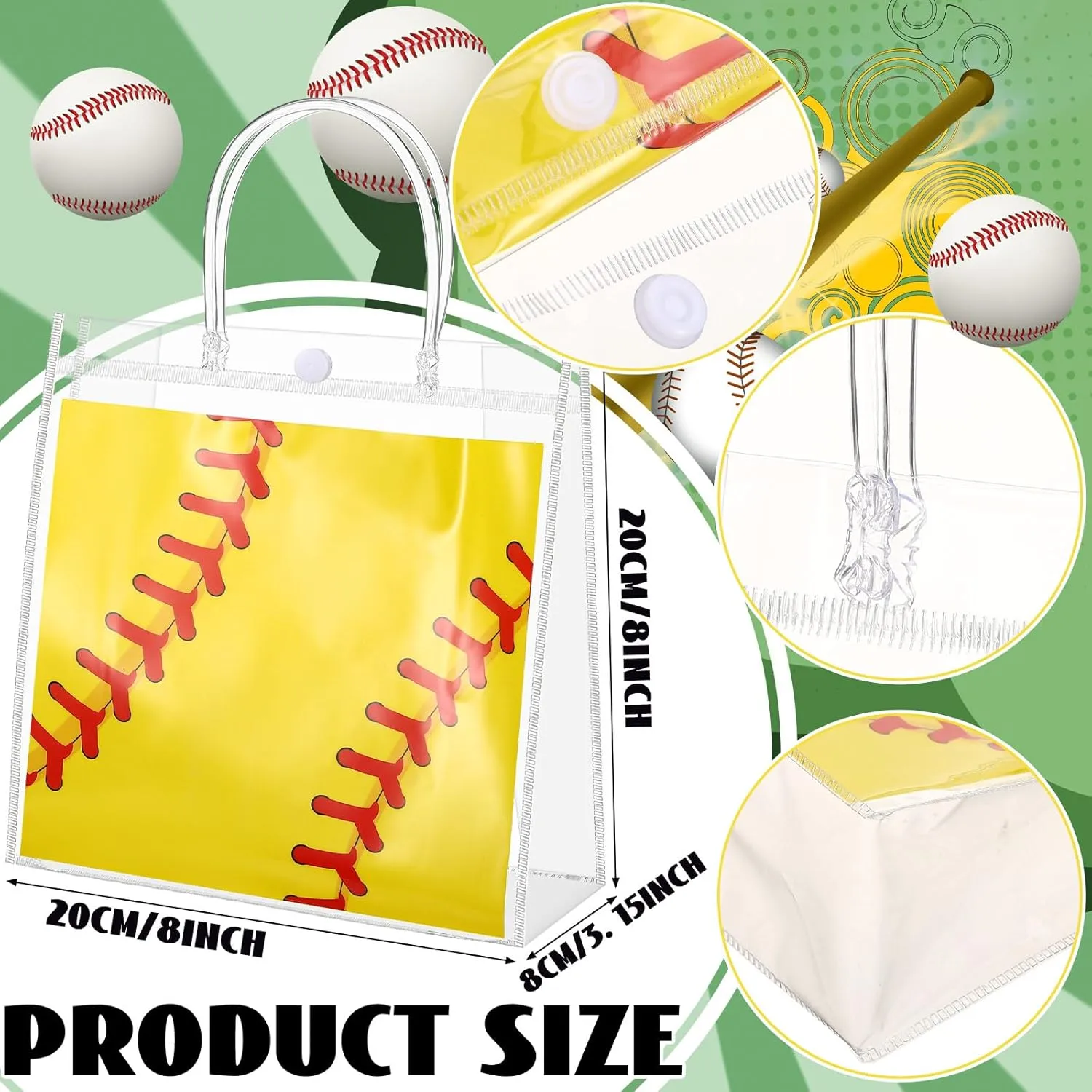 Sweetude 24 Pieces Softball Gift Goodie Bags with Handles 8x8x3.15 Inch PVC Softball Theme Party Favor Clear Treat Bags Bulk for Sports Party Competition Team Birthday Gifts