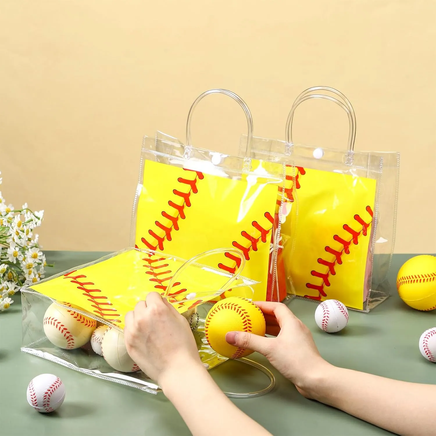 Sweetude 24 Pieces Softball Gift Goodie Bags with Handles 8x8x3.15 Inch PVC Softball Theme Party Favor Clear Treat Bags Bulk for Sports Party Competition Team Birthday Gifts