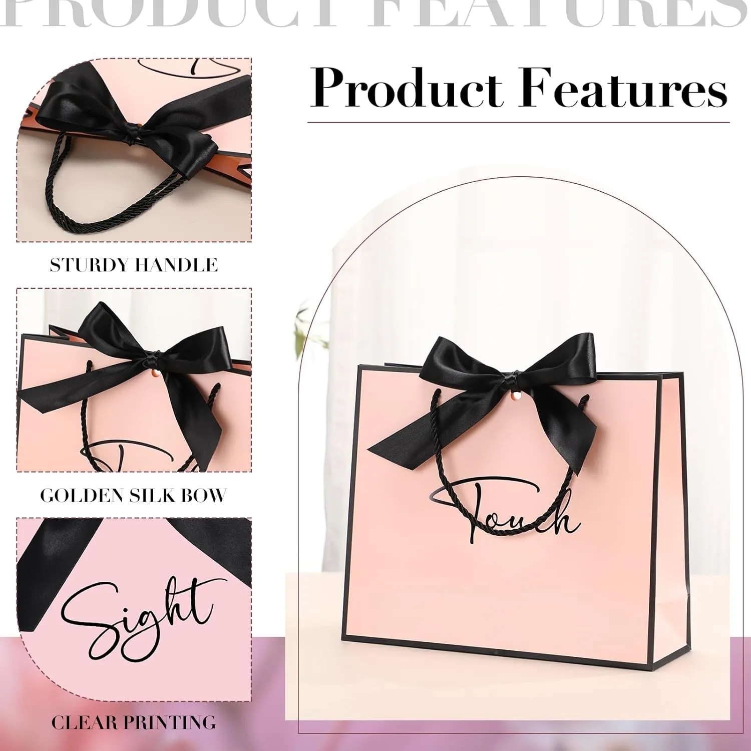 Sweetude 5 Pcs Senses Gift Bags for Him and Her 11.8 x 9.8x 3.9'' Elegant Thank You Paper Gift Bags with Handles and Bow Ribbon for Wedding Bridesmaid Groomsmen Gifts Birthday Baby Shower (Pink)
