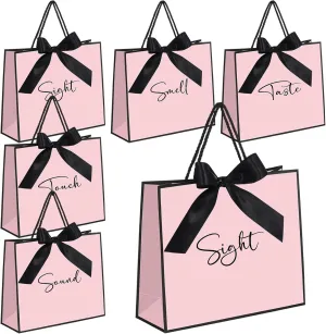 Sweetude 5 Pcs Senses Gift Bags for Him and Her 11.8 x 9.8x 3.9'' Elegant Thank You Paper Gift Bags with Handles and Bow Ribbon for Wedding Bridesmaid Groomsmen Gifts Birthday Baby Shower (Pink)
