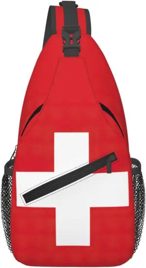 Swiss Flag Print Crossbody Sling Bag, Lightweight Shoulder Backpack Adjustable Outdoor Travel Cycling Bag