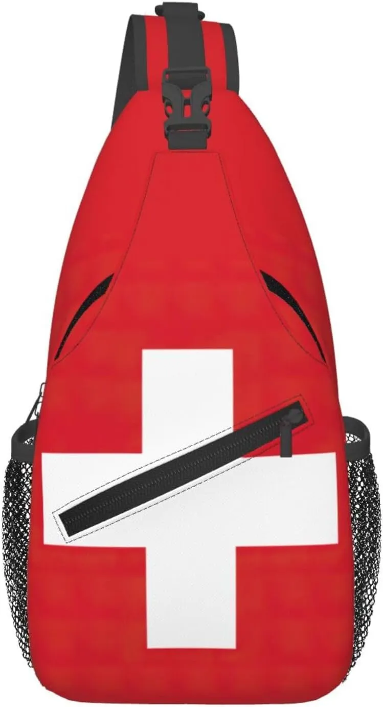 Swiss Flag Print Crossbody Sling Bag, Lightweight Shoulder Backpack Adjustable Outdoor Travel Cycling Bag