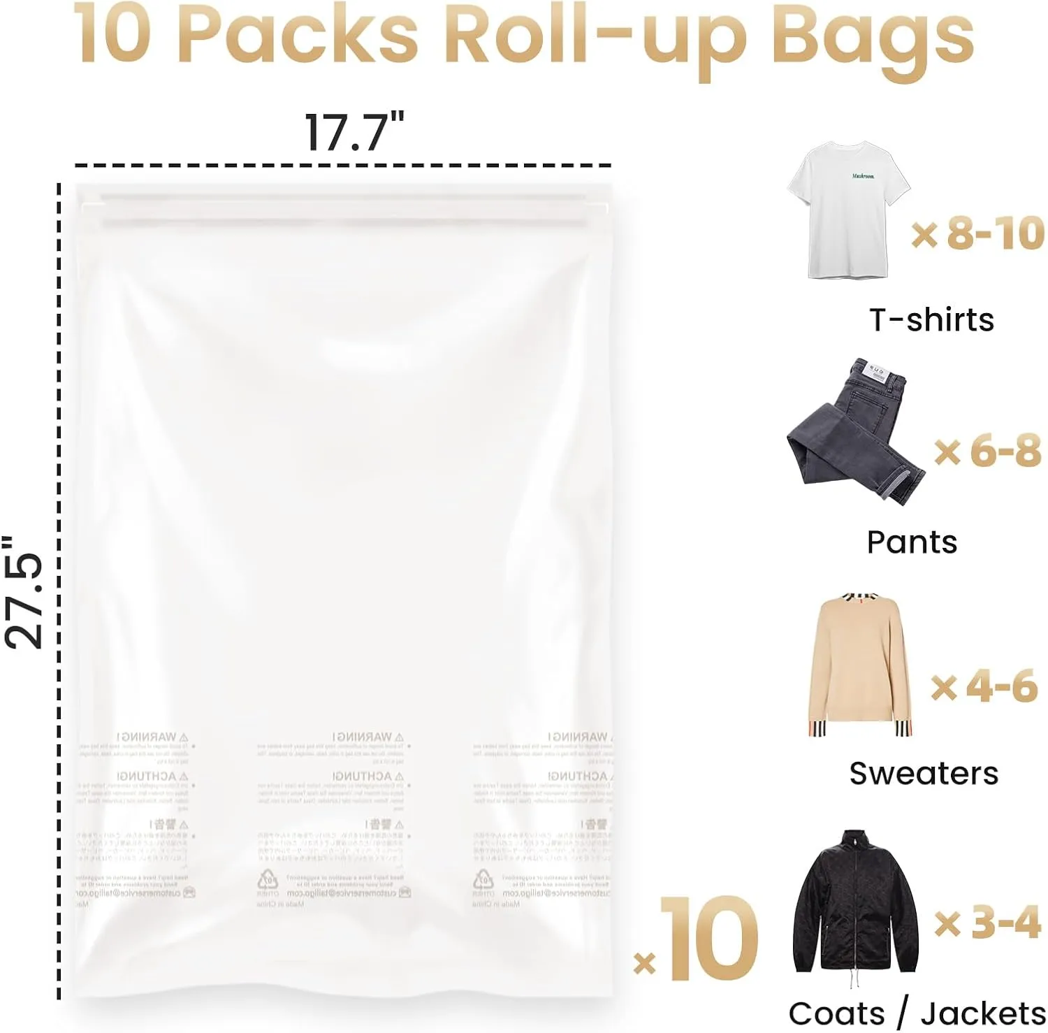 TAILI 10 Pack Travel Compression Bags, Roll Up Space Saver Bags (23.6x15.7 inch),Hand Roll Packing Bags for Luggage, Suitcase, Backpack, No Tools or Vacuum Needed, Travel Accessories, Cream