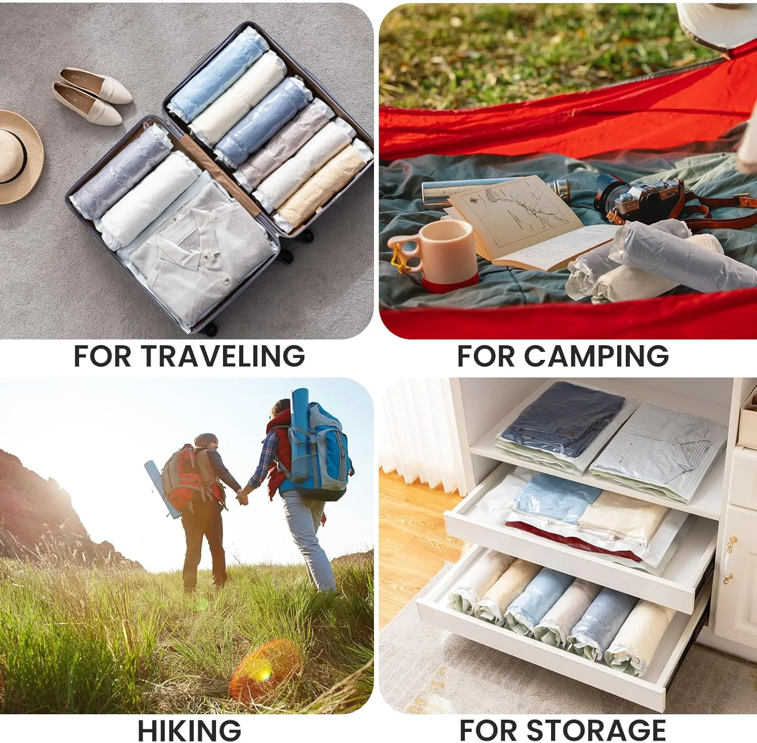TAILI 10 Pack Travel Compression Bags, Roll Up Space Saver Bags (23.6x15.7 inch),Hand Roll Packing Bags for Luggage, Suitcase, Backpack, No Tools or Vacuum Needed, Travel Accessories, Cream