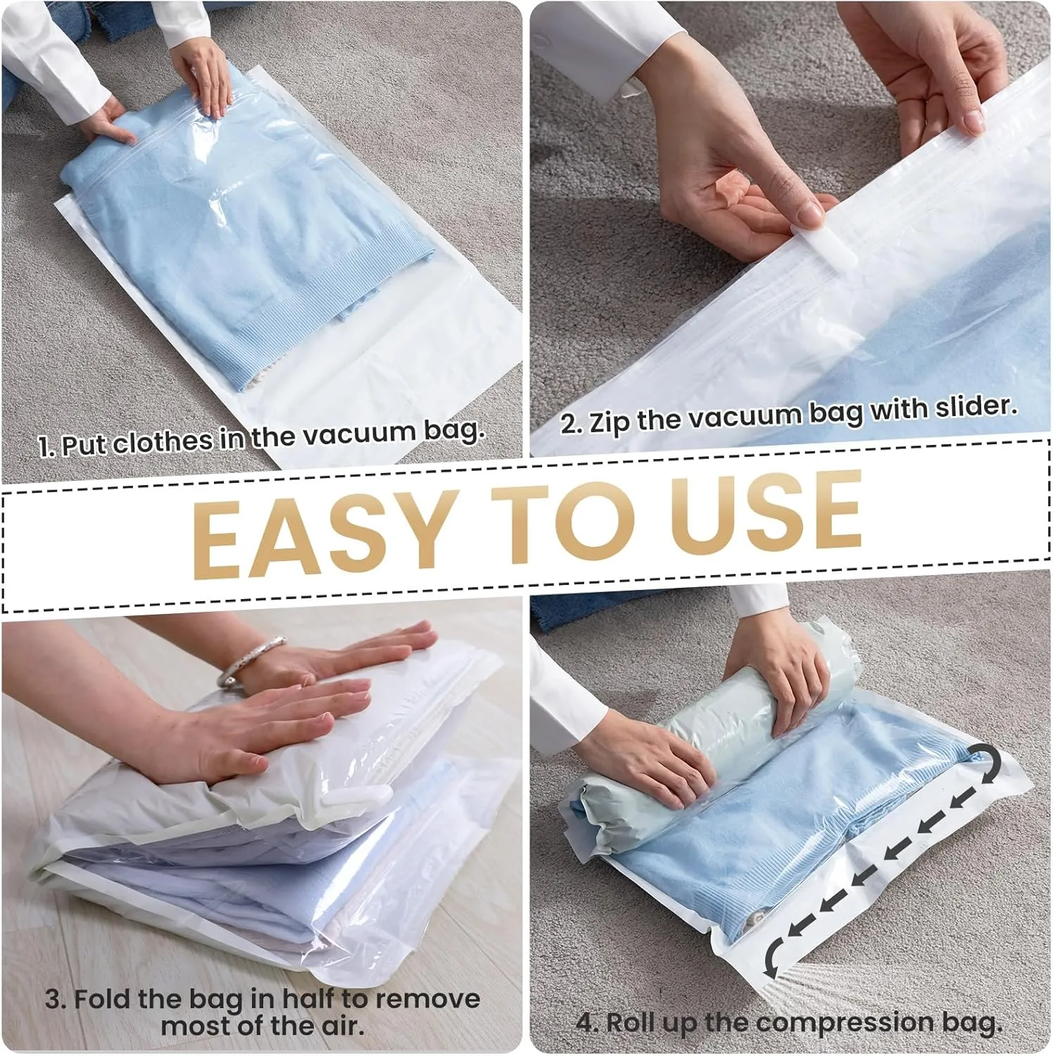 TAILI 10 Pack Travel Compression Bags, Roll Up Space Saver Bags (23.6x15.7 inch),Hand Roll Packing Bags for Luggage, Suitcase, Backpack, No Tools or Vacuum Needed, Travel Accessories, Cream