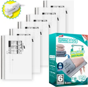 TAILI LONG SIDE ZIP 6 Pack Jumbo Vacuum Storage Bags, Space Saver for Bedding, Towels, Blankets, Pillows, Clothes, Vacuum Seal Bags for Clothing Ideal Under Bed Storage Solution, 40x28 inch