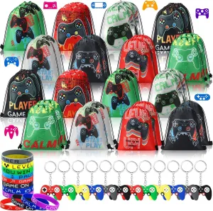 Talltalk 96 Pcs Video Game Party Favors Bulk 32 Video Game Party Drawstring Bags Gift Bag Video Game Goodie Bag 32 Game Wristband 32 Gamepad Keychain for Video Game Birthday Party Supplies Decorations