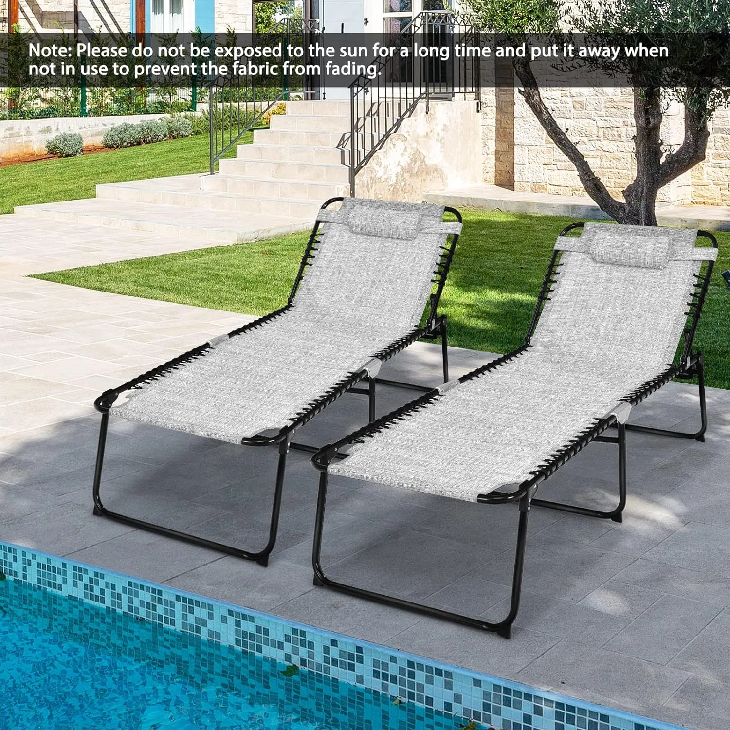 Tangkula Widen Folding Chaise Lounge Chair, Portable Camping Recline Chair w/4 Backrest Positions, 2 Leg Positions, Pillow, Sunbathing Beach Chair for Outdoor, Lawn, Patio, Support 400lbs (1, Grey)