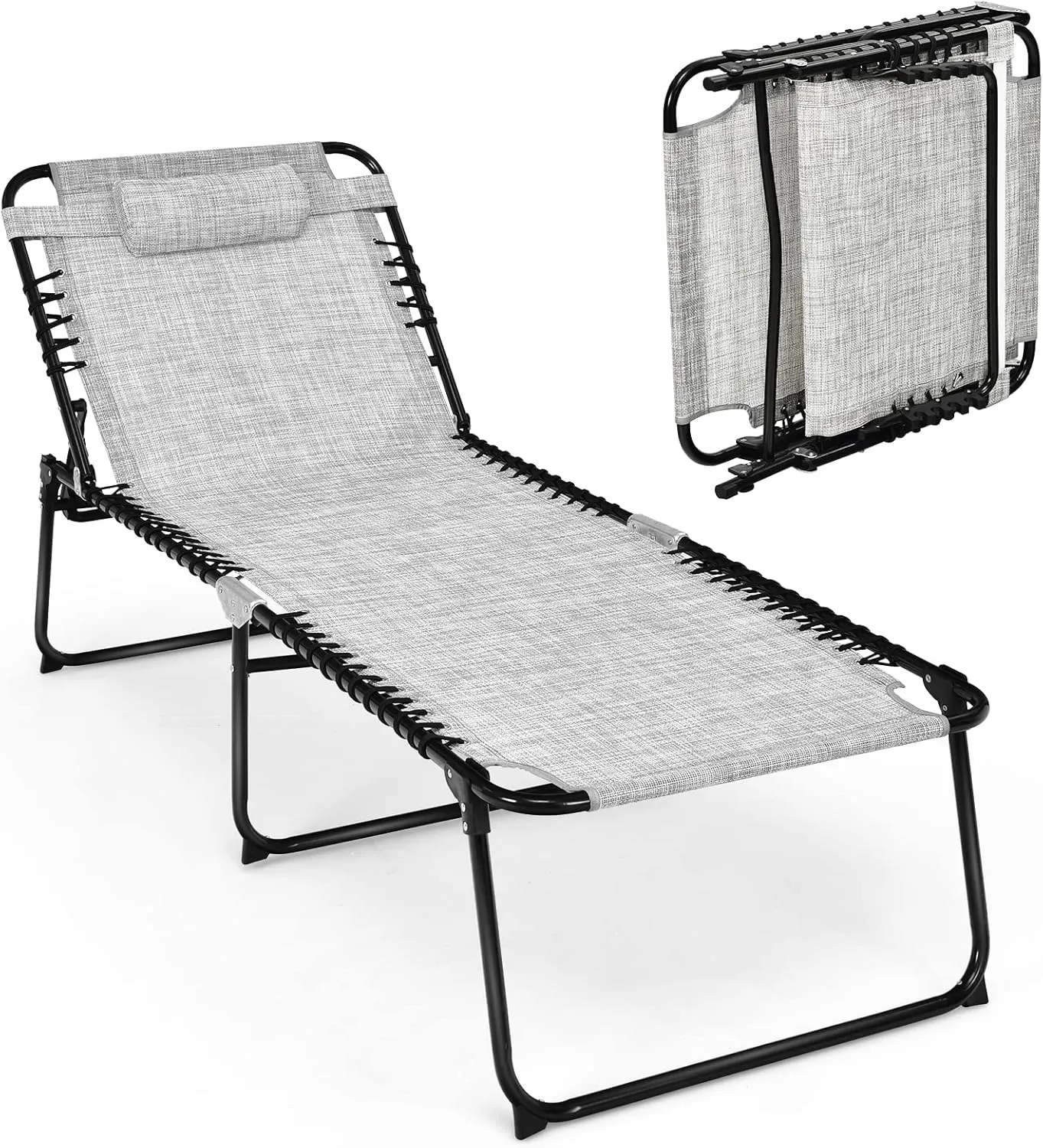 Tangkula Widen Folding Chaise Lounge Chair, Portable Camping Recline Chair w/4 Backrest Positions, 2 Leg Positions, Pillow, Sunbathing Beach Chair for Outdoor, Lawn, Patio, Support 400lbs (1, Grey)