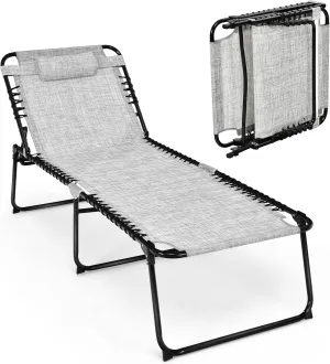 Tangkula Widen Folding Chaise Lounge Chair, Portable Camping Recline Chair w/4 Backrest Positions, 2 Leg Positions, Pillow, Sunbathing Beach Chair for Outdoor, Lawn, Patio, Support 400lbs (1, Grey)