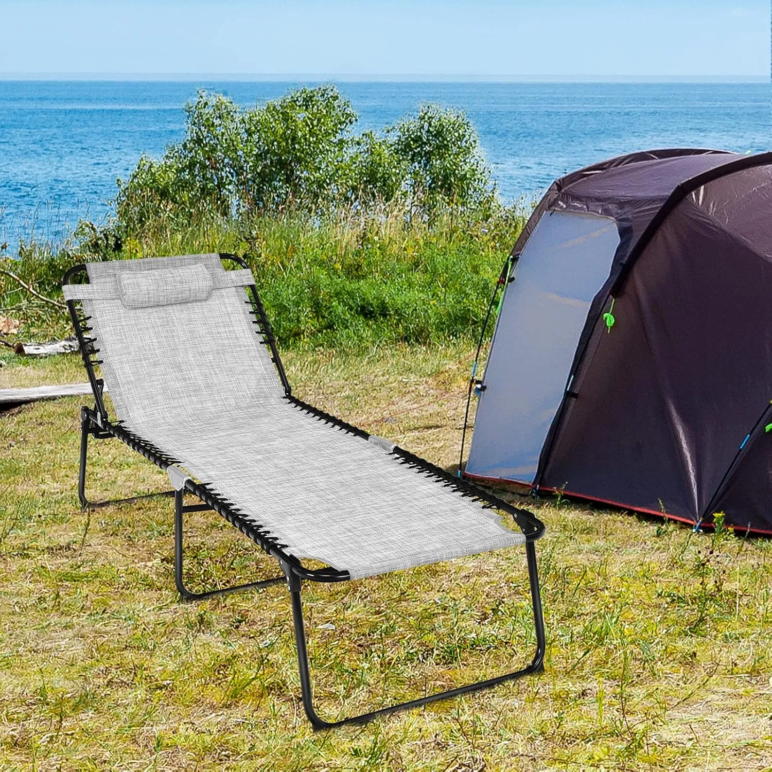 Tangkula Widen Folding Chaise Lounge Chair, Portable Camping Recline Chair w/4 Backrest Positions, 2 Leg Positions, Pillow, Sunbathing Beach Chair for Outdoor, Lawn, Patio, Support 400lbs (1, Grey)