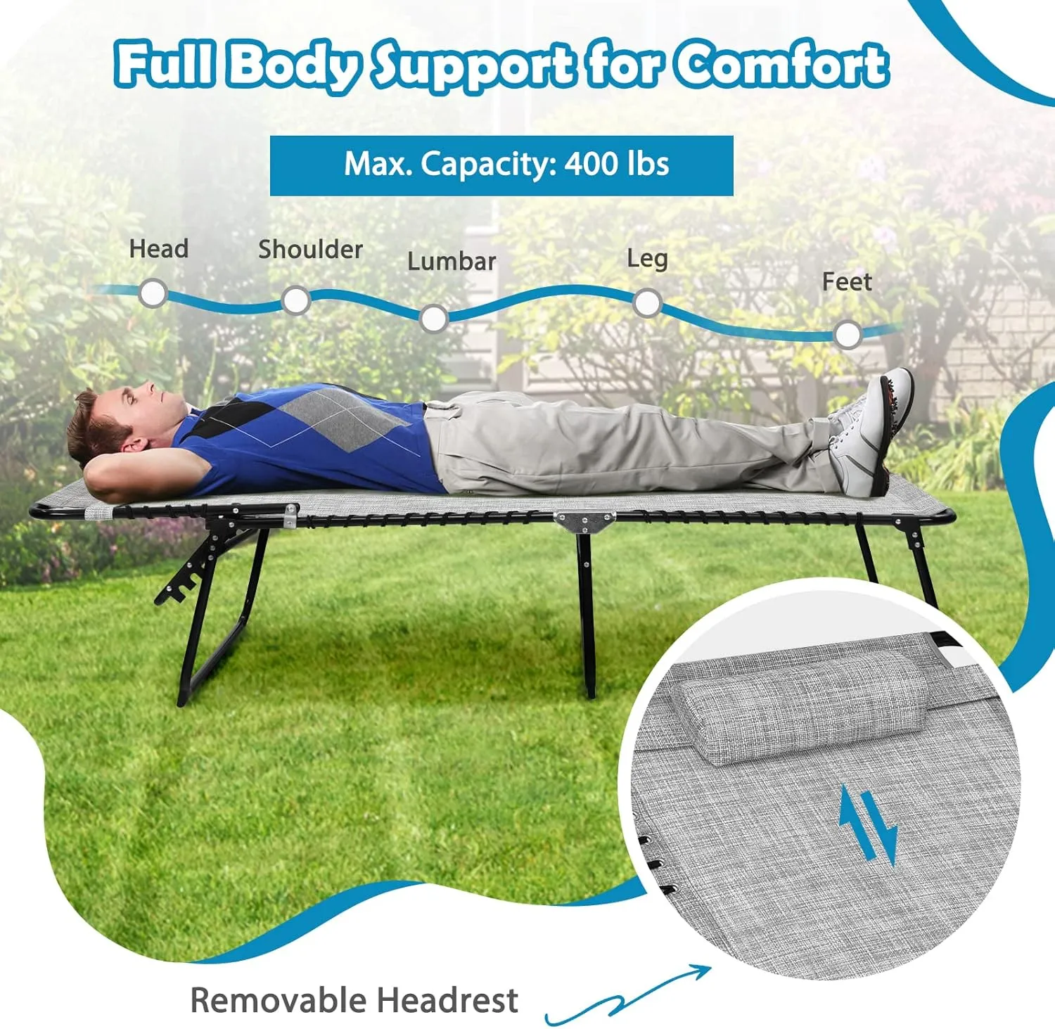 Tangkula Widen Folding Chaise Lounge Chair, Portable Camping Recline Chair w/4 Backrest Positions, 2 Leg Positions, Pillow, Sunbathing Beach Chair for Outdoor, Lawn, Patio, Support 400lbs (1, Grey)