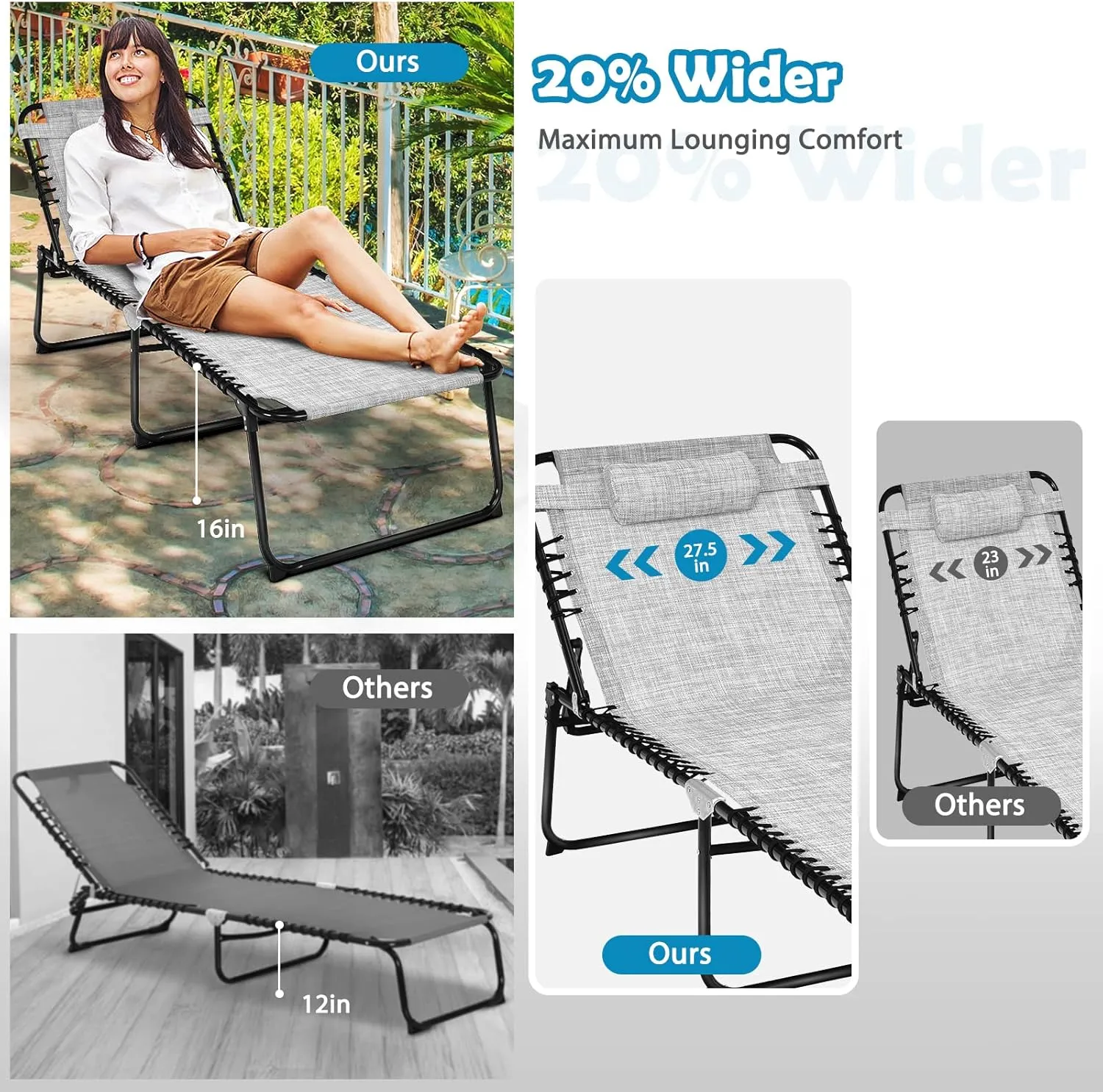 Tangkula Widen Folding Chaise Lounge Chair, Portable Camping Recline Chair w/4 Backrest Positions, 2 Leg Positions, Pillow, Sunbathing Beach Chair for Outdoor, Lawn, Patio, Support 400lbs (1, Grey)