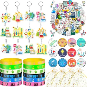 Tazimi 98 PCS Science Party Favors Scientist Chemistry Theme Birthday Party Supplies with Science Keychains Stickers Rubber Bracelets Button Pins and Bags for Science Theme Party
