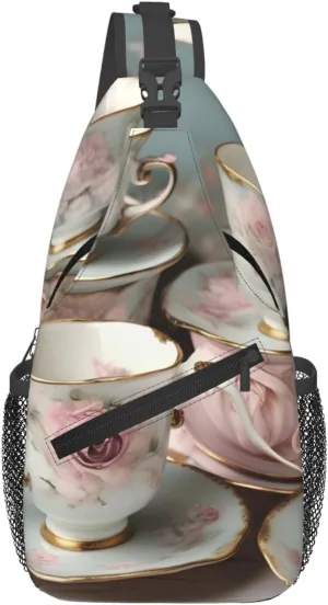 Tea Cups with Roses Romantic Foldie Crossbody Bag - Durable Small Sling Bag and Anti Theft Crossbody Bags for Men and Women