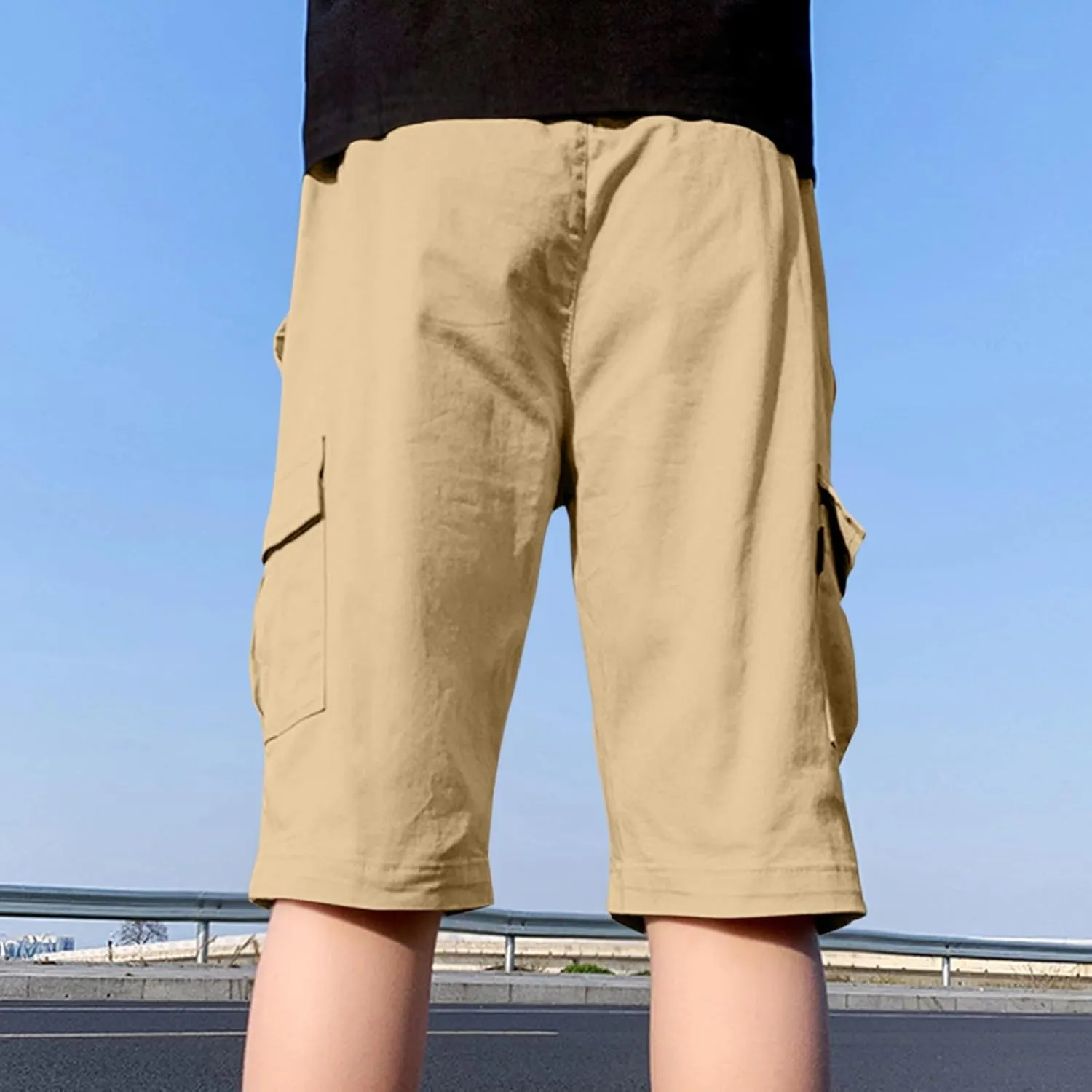 Teen Boys Bermuda Cargo Shorts Knee Length Elastic Waist Summer Casual Fitted Multi-Pockets Twill Half Pants