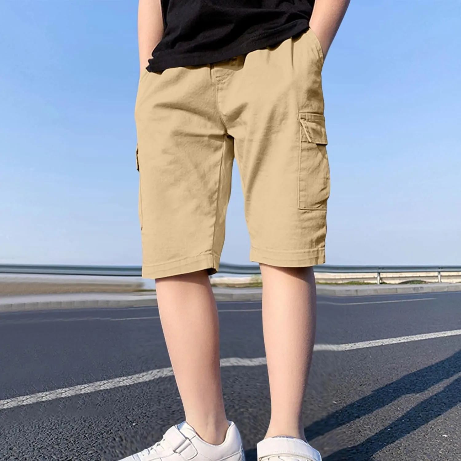 Teen Boys Bermuda Cargo Shorts Knee Length Elastic Waist Summer Casual Fitted Multi-Pockets Twill Half Pants