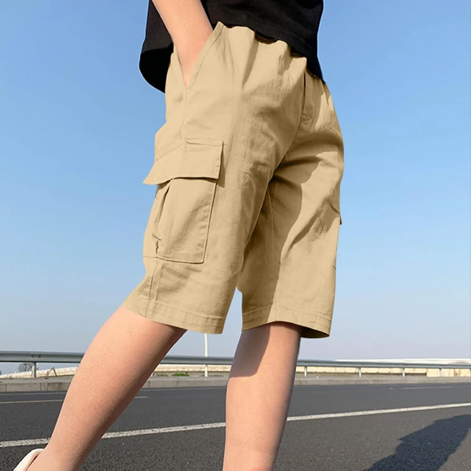 Teen Boys Bermuda Cargo Shorts Knee Length Elastic Waist Summer Casual Fitted Multi-Pockets Twill Half Pants