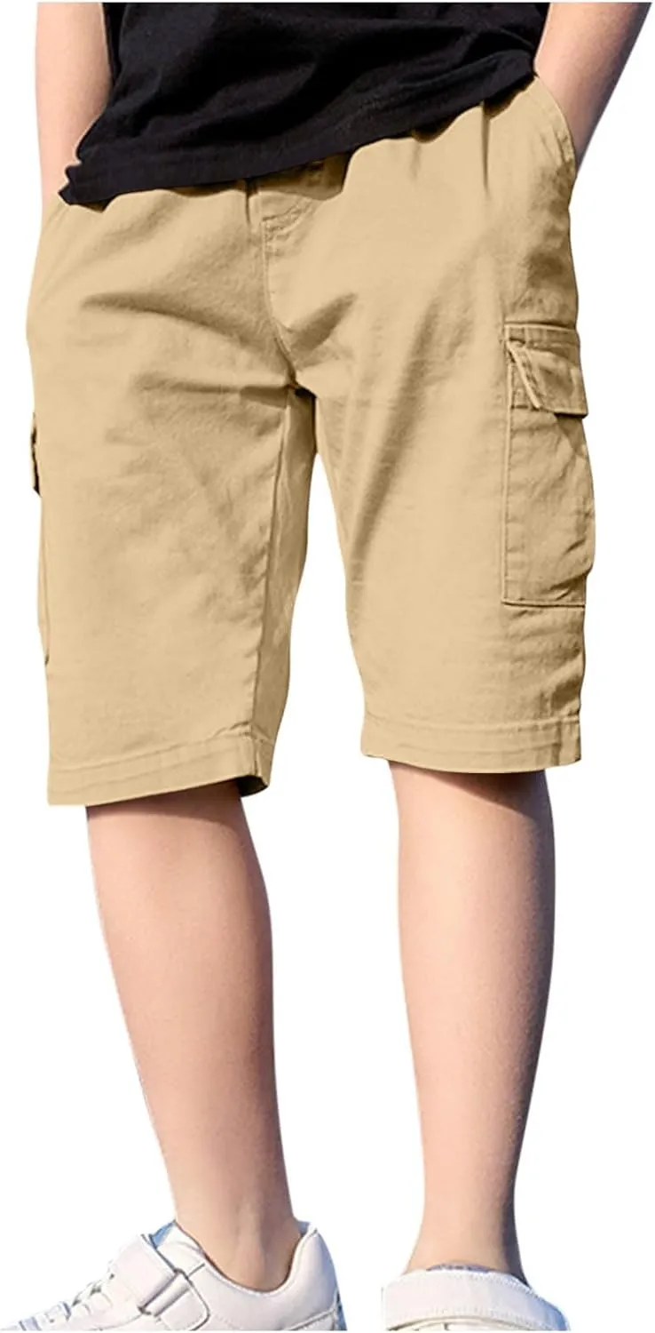 Teen Boys Bermuda Cargo Shorts Knee Length Elastic Waist Summer Casual Fitted Multi-Pockets Twill Half Pants