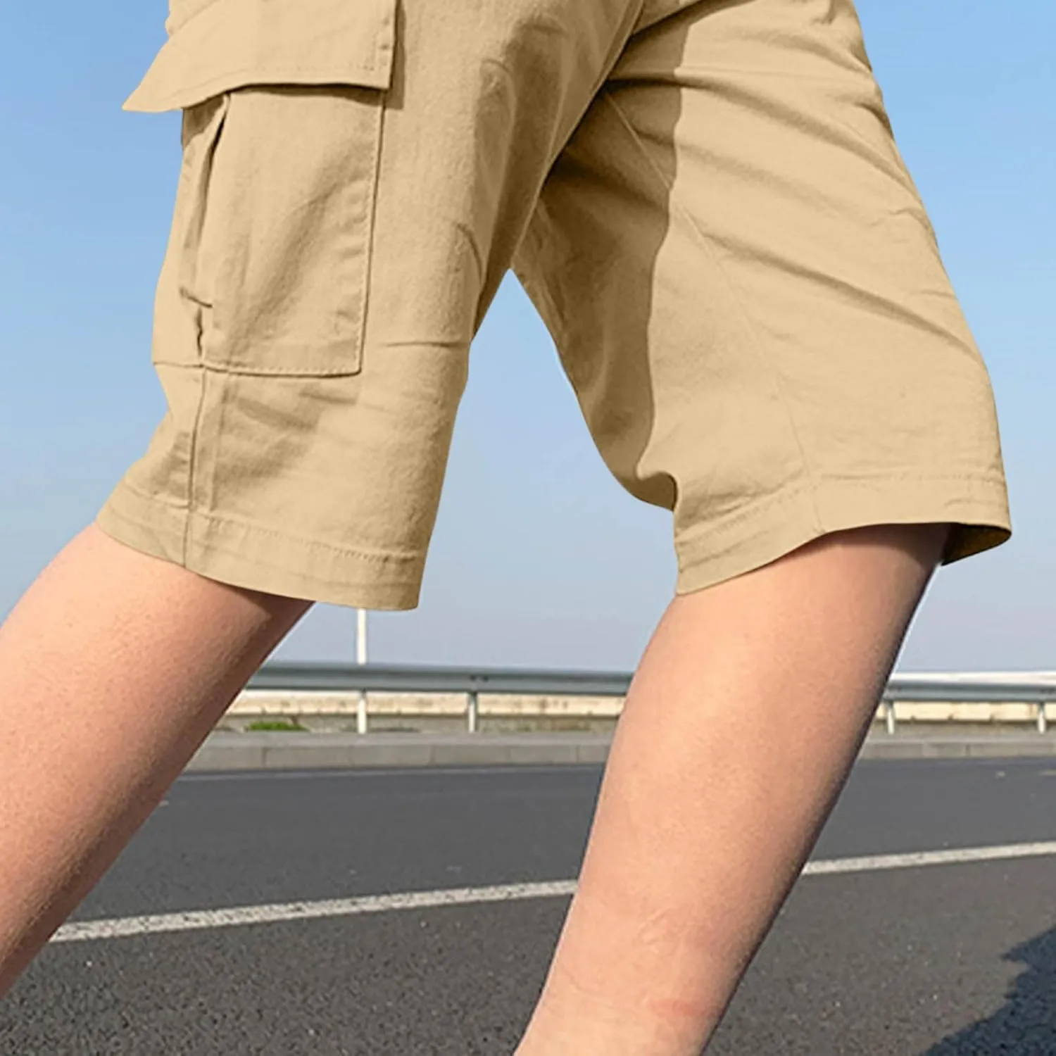 Teen Boys Bermuda Cargo Shorts Knee Length Elastic Waist Summer Casual Fitted Multi-Pockets Twill Half Pants