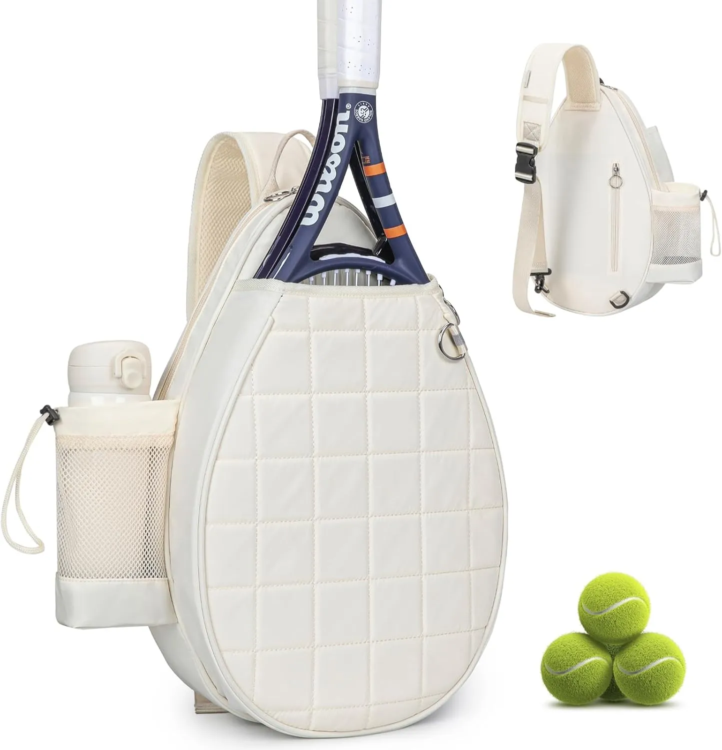 Tennis Bag, Quilted Tennis Backpack Holds 2 Rackets, Waterproof Crossbody Sling Pickleball Bags for Women, Men and Youth