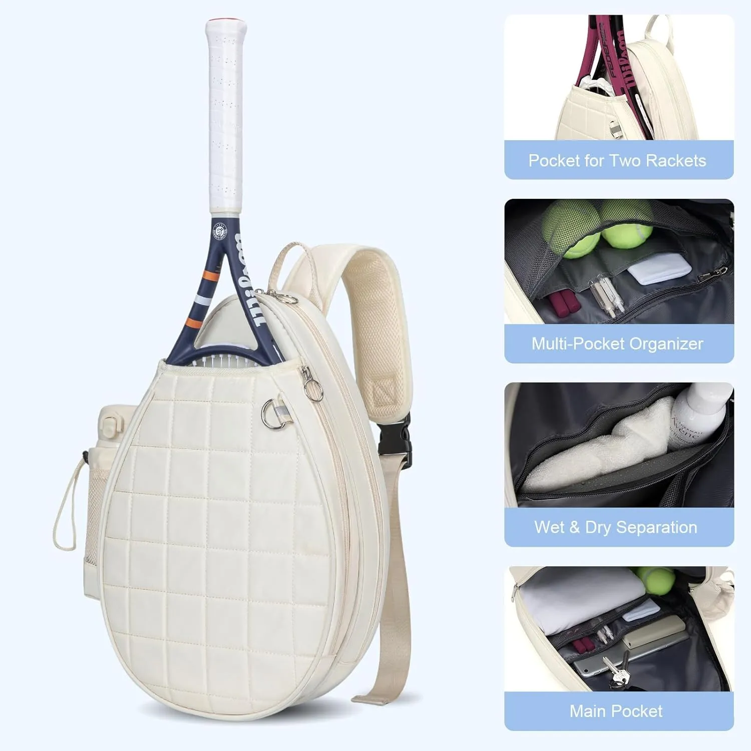 Tennis Bag, Quilted Tennis Backpack Holds 2 Rackets, Waterproof Crossbody Sling Pickleball Bags for Women, Men and Youth