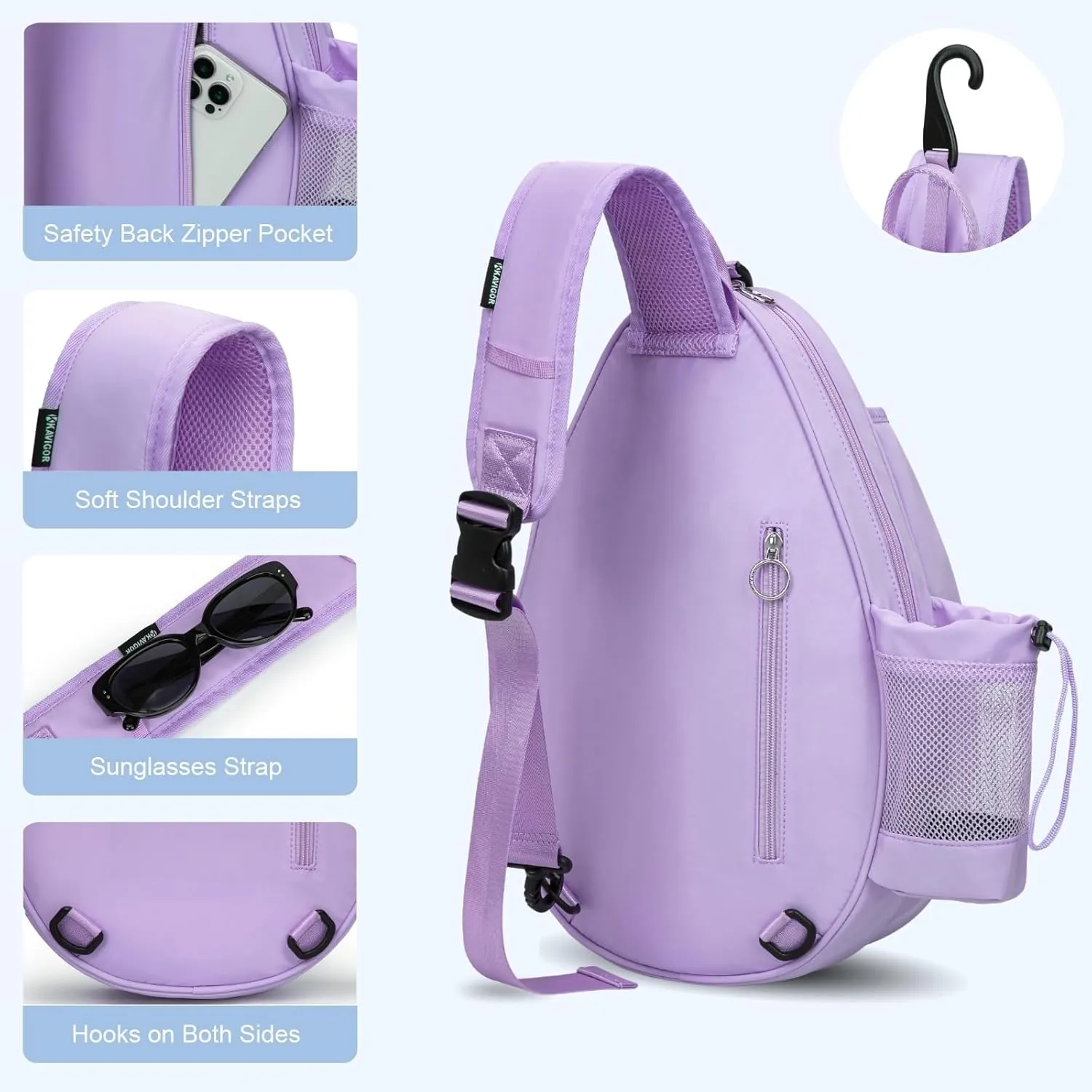 Tennis Bag, Quilted Tennis Backpack Holds 2 Rackets, Waterproof Crossbody Sling Pickleball Bags for Women, Men and Youth