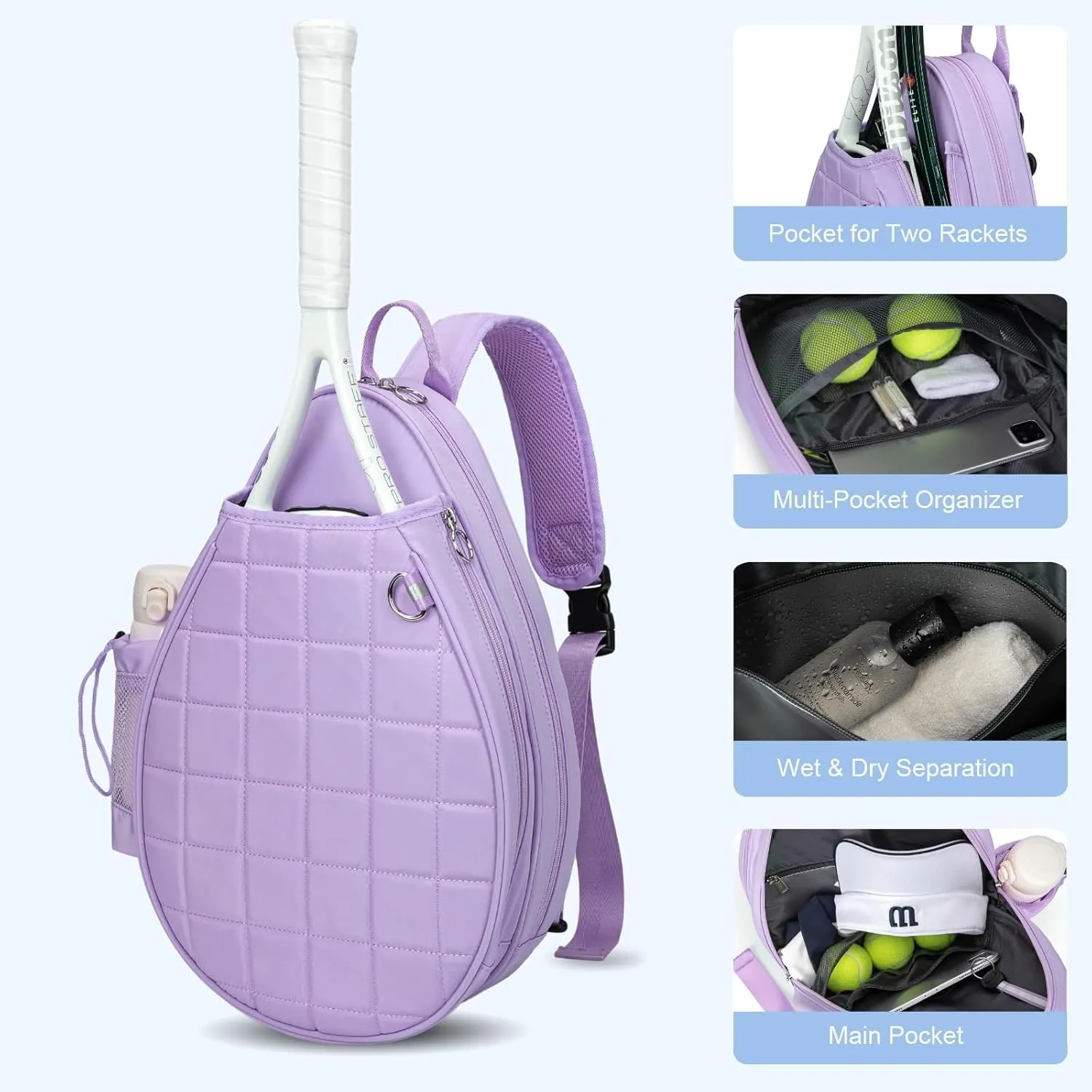 Tennis Bag, Quilted Tennis Backpack Holds 2 Rackets, Waterproof Crossbody Sling Pickleball Bags for Women, Men and Youth
