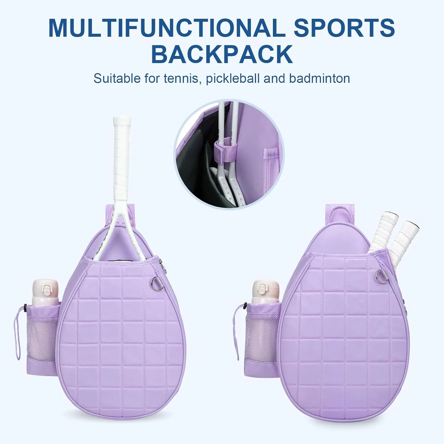 Tennis Bag, Quilted Tennis Backpack Holds 2 Rackets, Waterproof Crossbody Sling Pickleball Bags for Women, Men and Youth