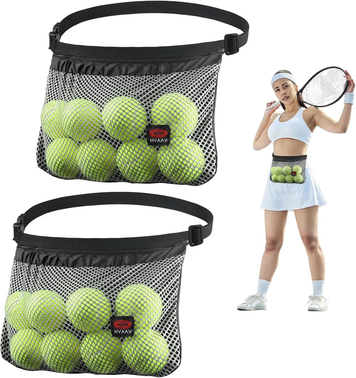 Tennis Ball Band Holder, Pickleball Ball Waist Bag with Adjustable Belt, Tennis Waist Storage Pouch, Mesh Waist Hip Ball Bag Pouch Carrier, Holding 8-10 Balls for Tennis, Pickleball, Golf Accessories