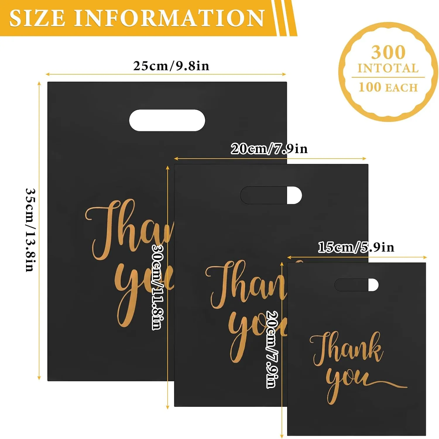Thank You Bags for Business Small, Plastic Merchandise Bags Extra Thick Retail Shopping Bag with Handle 3 Sizes Thank You Reusable Bag for Merchandise Clothes Boutique Gift