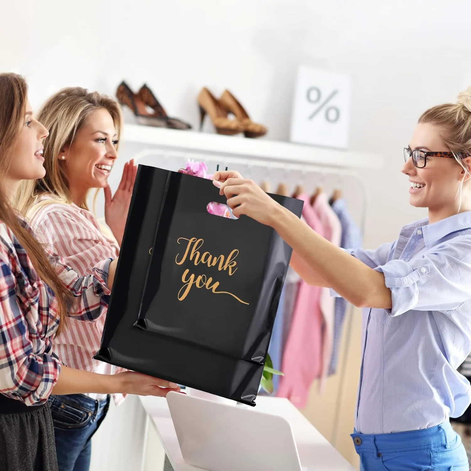 Thank You Bags for Business Small, Plastic Merchandise Bags Extra Thick Retail Shopping Bag with Handle 3 Sizes Thank You Reusable Bag for Merchandise Clothes Boutique Gift