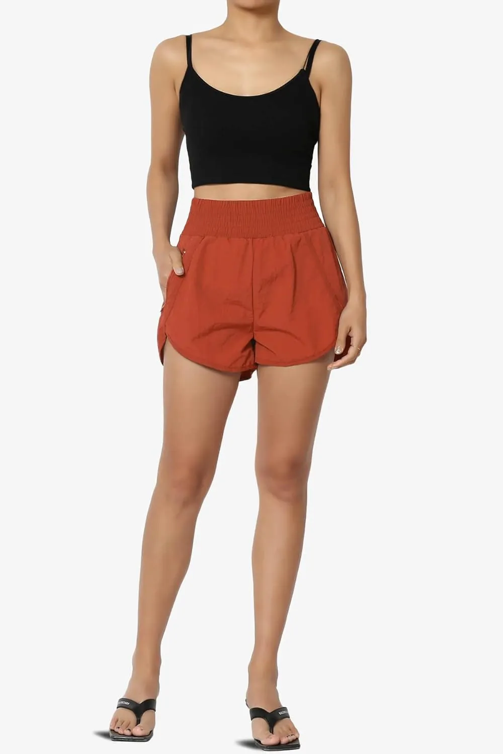 TheMogan Women's Lightweight Elastic High Waist Summer Shorts w Inner Brief Windbreaker Dolphin Running Shorts