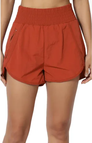 TheMogan Women's Lightweight Elastic High Waist Summer Shorts w Inner Brief Windbreaker Dolphin Running Shorts