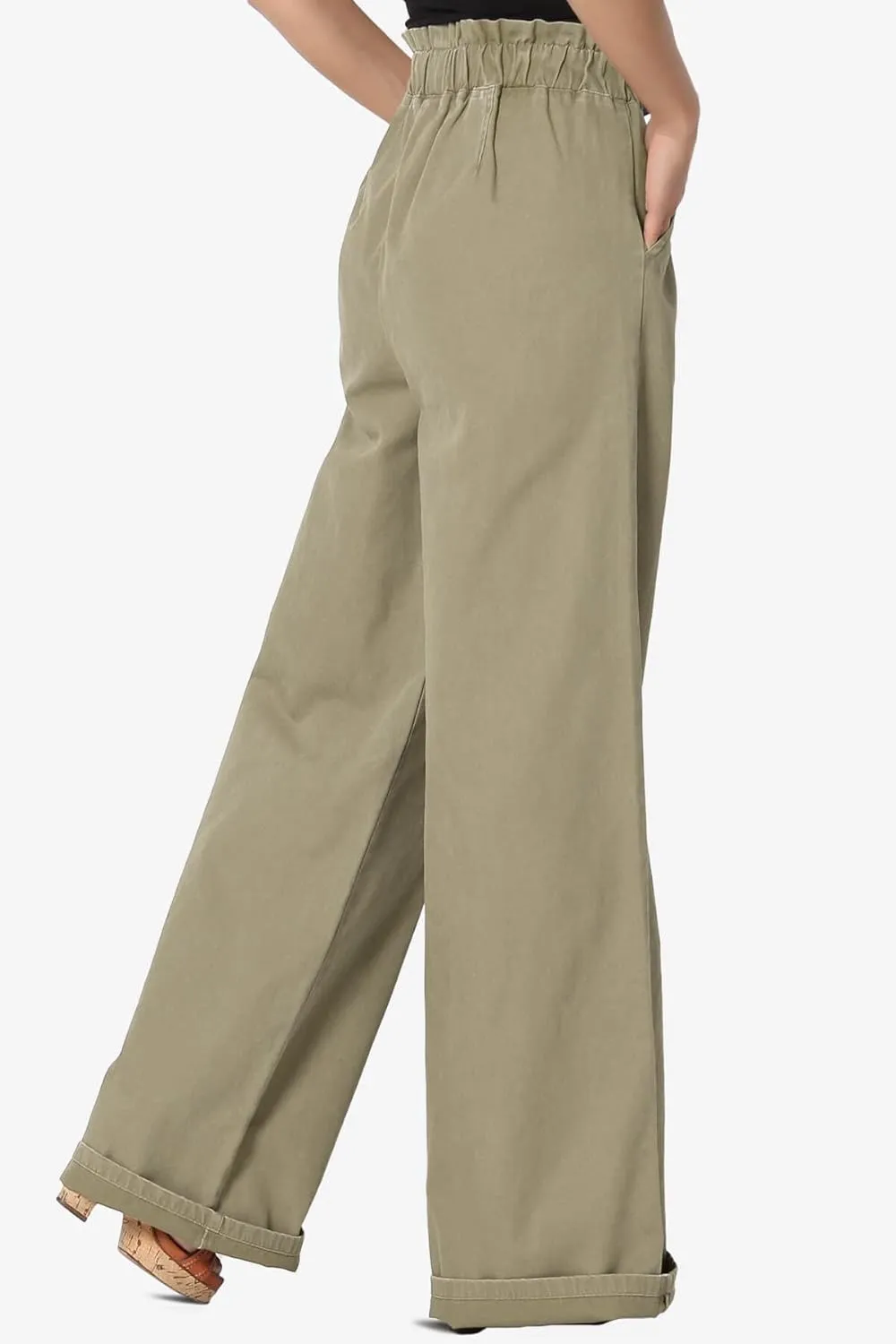 TheMogan Women's Tall S~3X Washed Canvas Twill Paperbag Elastic High Waist Wide Pants