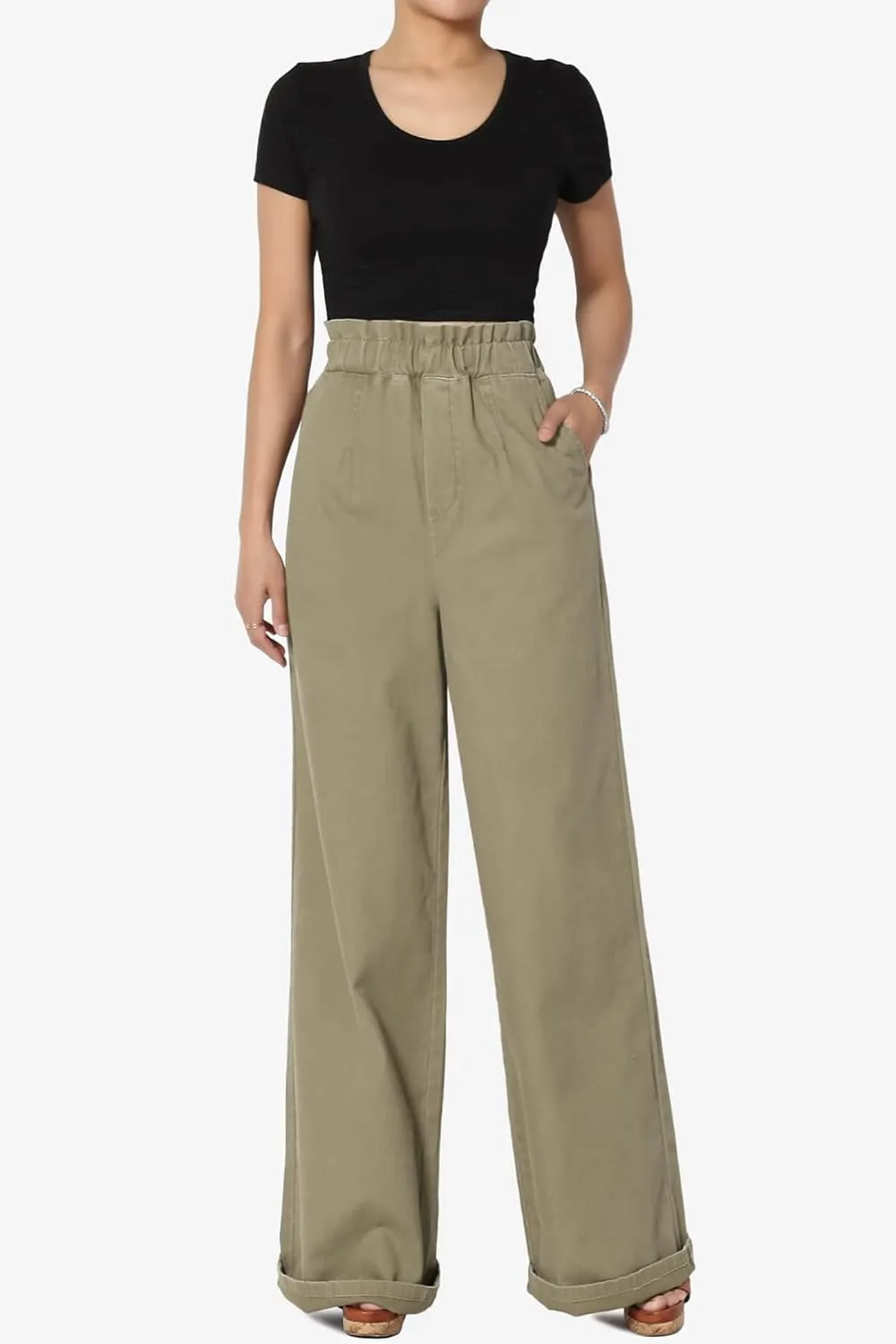 TheMogan Women's Tall S~3X Washed Canvas Twill Paperbag Elastic High Waist Wide Pants