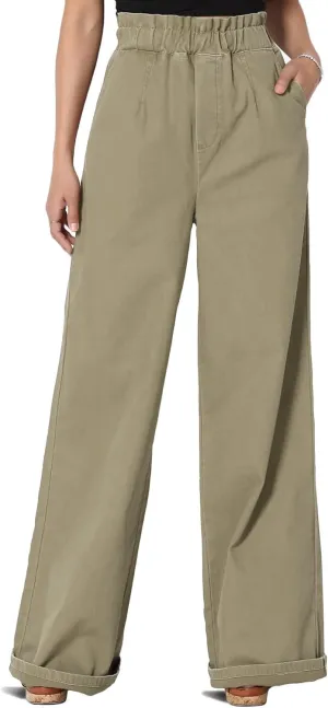 TheMogan Women's Tall S~3X Washed Canvas Twill Paperbag Elastic High Waist Wide Pants