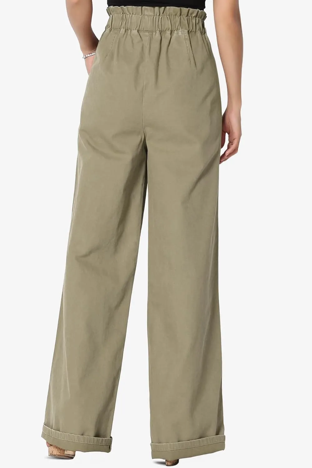 TheMogan Women's Tall S~3X Washed Canvas Twill Paperbag Elastic High Waist Wide Pants