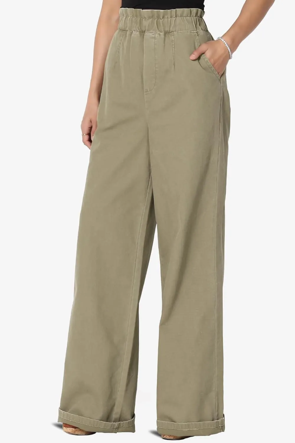TheMogan Women's Tall S~3X Washed Canvas Twill Paperbag Elastic High Waist Wide Pants