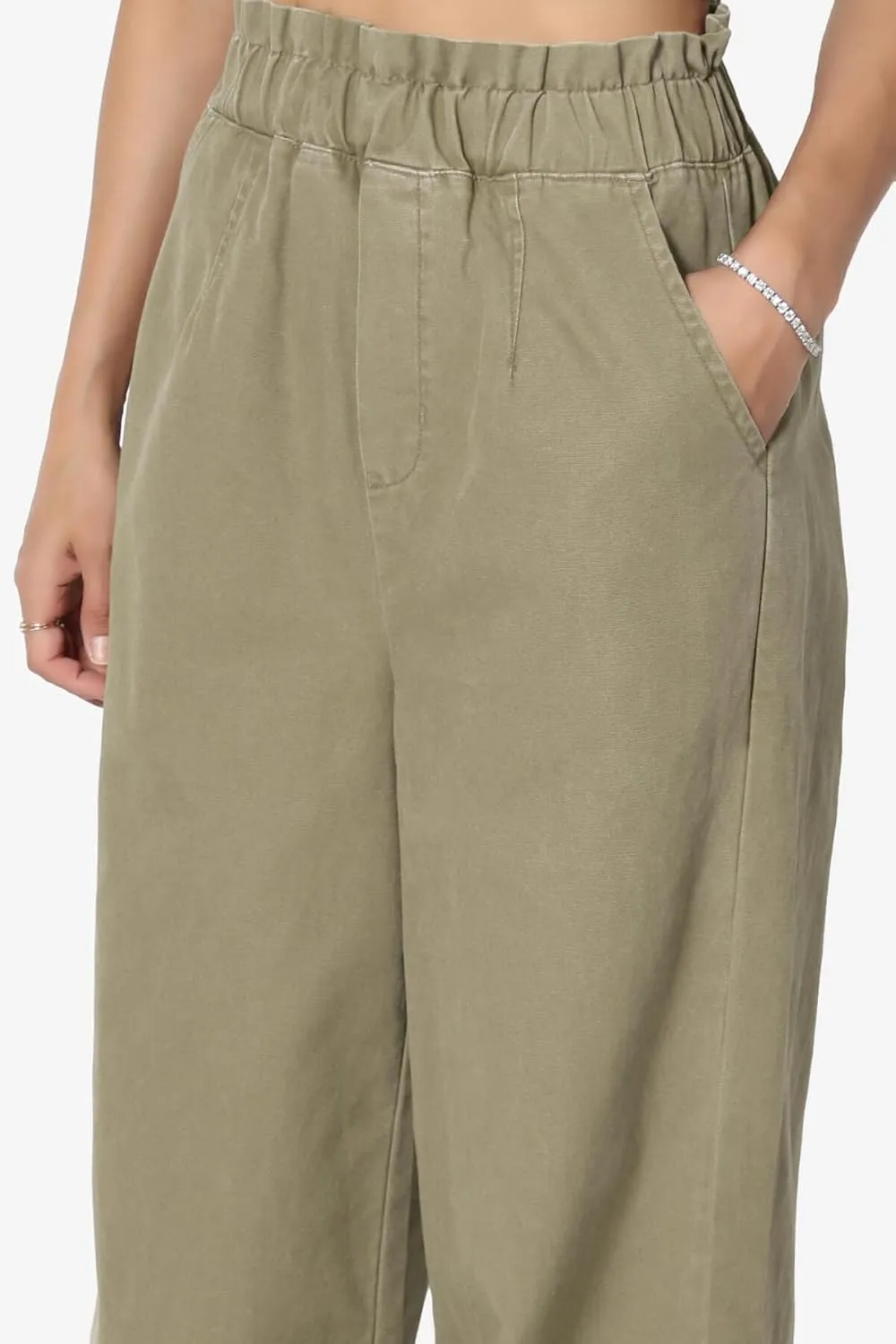 TheMogan Women's Tall S~3X Washed Canvas Twill Paperbag Elastic High Waist Wide Pants