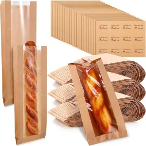 Thenshop 240 Pieces Paper Bread Bag with Window for Homemade Bread Bags Brown Kraft Loaf Storage Sacks Long French Biscuits Packaging with Seal Sticker 6.5 x 2 x 18 Inch