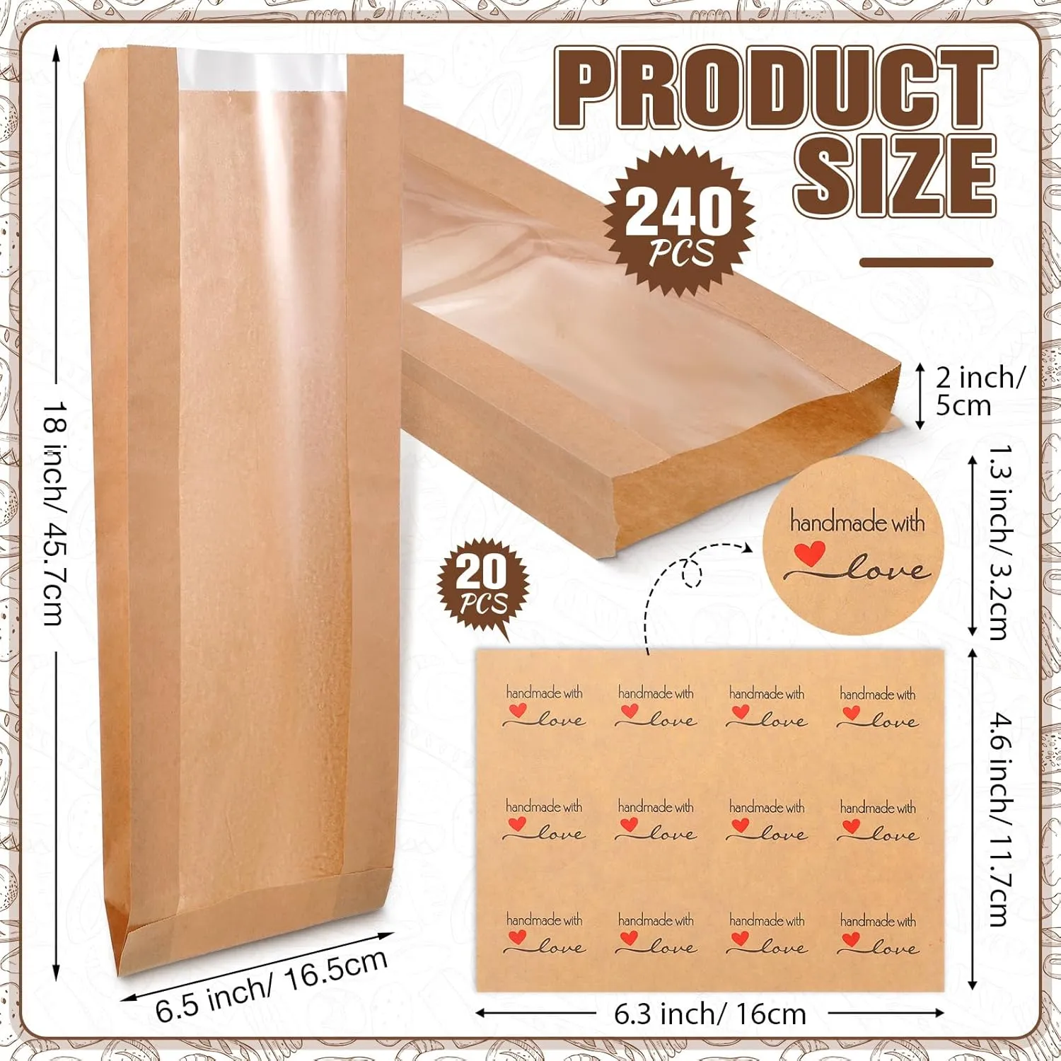 Thenshop 240 Pieces Paper Bread Bag with Window for Homemade Bread Bags Brown Kraft Loaf Storage Sacks Long French Biscuits Packaging with Seal Sticker 6.5 x 2 x 18 Inch