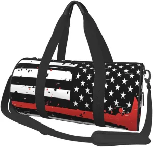 Thin Red Line Flag Firefighters Memorial American Flag Round Travel Duffel Bag Large Capacity Gym Sports Bags for Hiking Vacation Trips